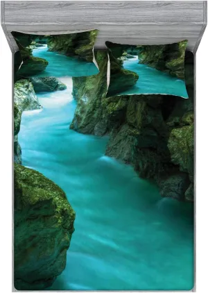 Lunarable Waterfall Fitted Sheet & Pillow Sham Set, Tolminka Alpine River Water and Caves Exotic Nature Travel Picture, Decorative Printed 3 Piece Bedding Decor Set, King, Turquoise Dark Green