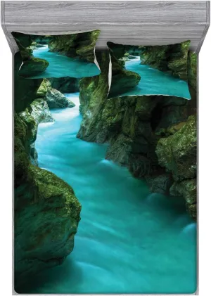 Lunarable Waterfall Fitted Sheet & Pillow Sham Set, Tolminka Alpine River Water and Caves Exotic Nature Travel Picture, Decorative Printed 3 Piece Bedding Decor Set, Queen, Turquoise Dark Green