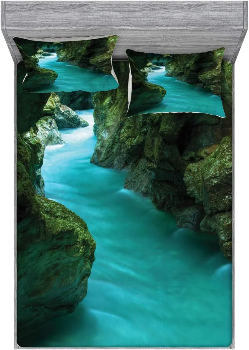 Lunarable Waterfall Fitted Sheet & Pillow Sham Set, Tolminka Alpine River Water and Caves Exotic Nature Travel Picture, Decorative Printed 3 Piece Bedding Decor Set, Queen, Turquoise Dark Green