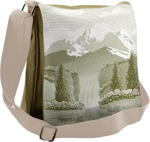 Lunarable Waterfall Messenger Bag, Woodcut Style Mountains, Unisex Cross-body