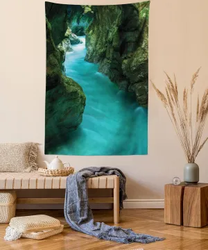 Lunarable Waterfall Tapestry Twin Size, Tolminka Alpine River Water and Caves Exotic Nature Travel Picture, Wall Hanging Bedspread Bed Cover Wall Decor, Twin Size, Turquoise Dark Green