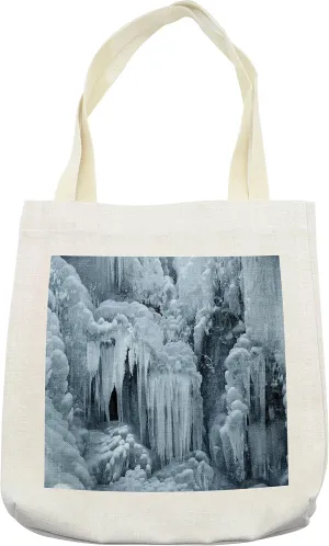 Lunarable Waterfall Tote Bag, Ice Sharp Icicles on Frozen Waterfall in Winter with Snow on the Rocks Print, Cloth Linen Reusable Bag for Shopping Books Beach and More, 16.5" X 14", Cream