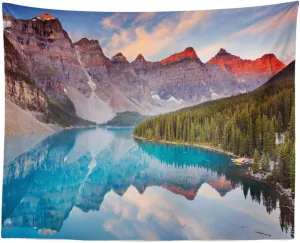Lunarable Wilderness Tapestry, Moraine Lake and Mountains in Banff National Park Canada Sunrise Picture Print, Fabric Wall Hanging Decor for Bedroom Living Room Dorm, 28" X 23", Multicolor