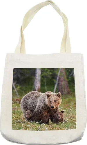 Lunarable Wilderness Tote Bag, Mother Bear Protecting Her Cubs in Finnish Forest Nordic Picture Art, Cloth Linen Reusable Bag for Shopping Books Beach and More, 16.5" X 14", Cream