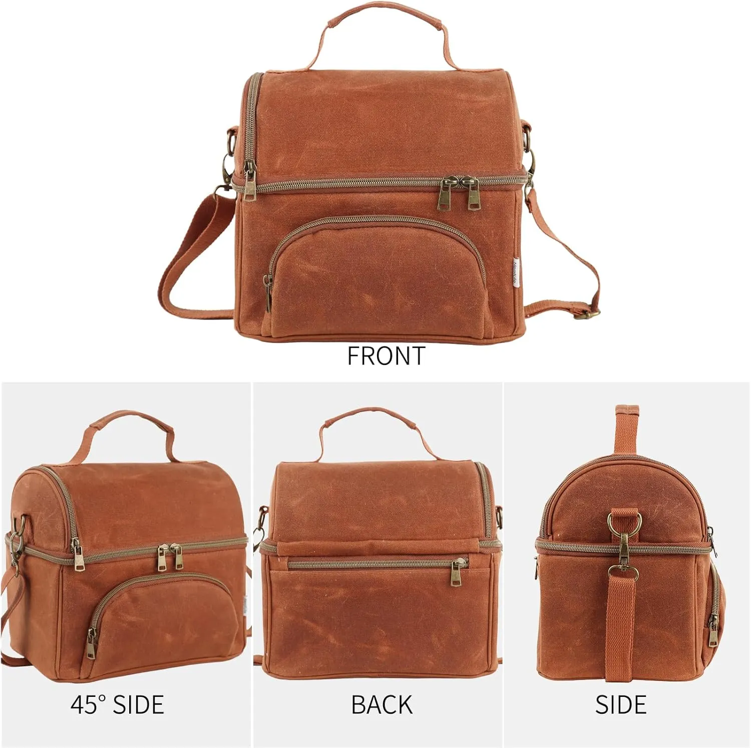 Lunch Box for men with 2 XL icepacks,Sturdy Waxed Canvas Insulated Lunch Bag for Adult, Dual Compartment Soft Cooler Bag For Work, Picnic, Travel, Outdoors (10.5L) 10"x7"x9.5" (Rustic brown)