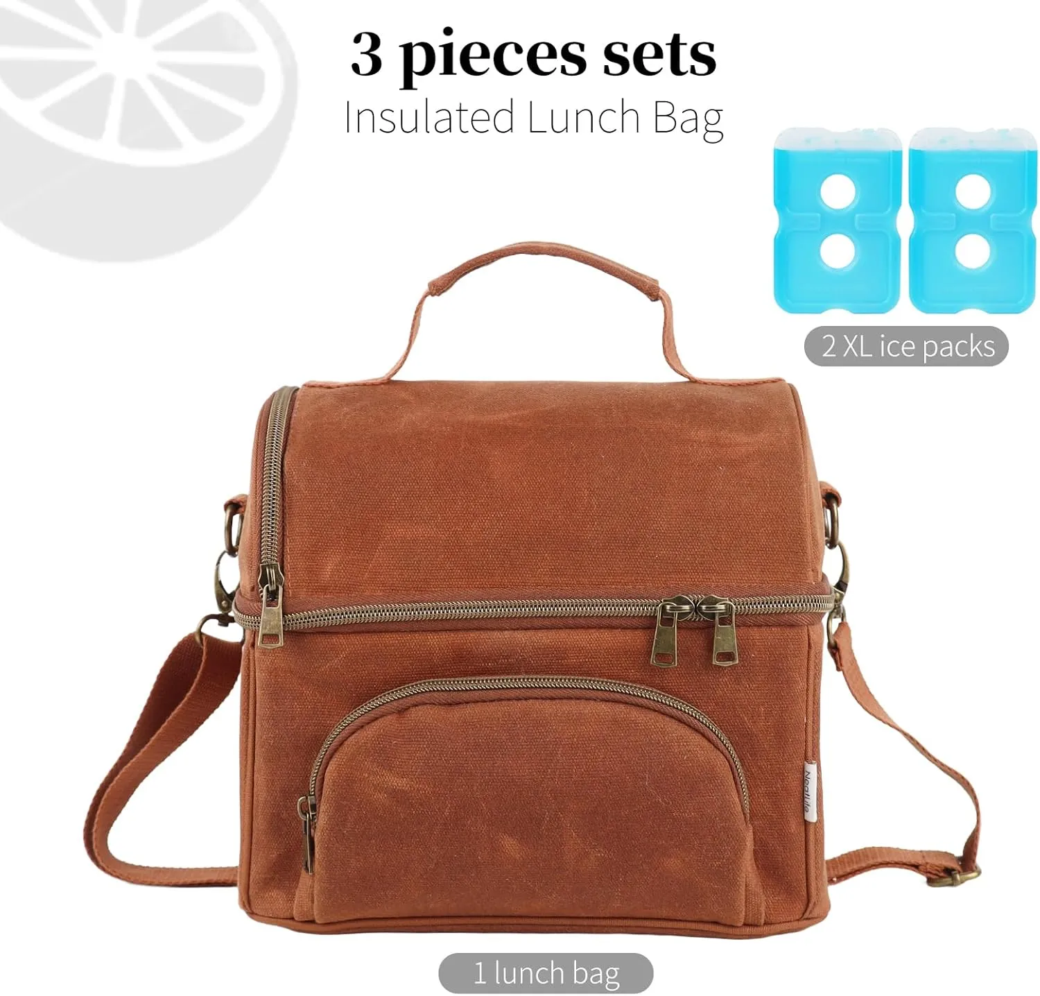 Lunch Box for men with 2 XL icepacks,Sturdy Waxed Canvas Insulated Lunch Bag for Adult, Dual Compartment Soft Cooler Bag For Work, Picnic, Travel, Outdoors (10.5L) 10"x7"x9.5" (Rustic brown)