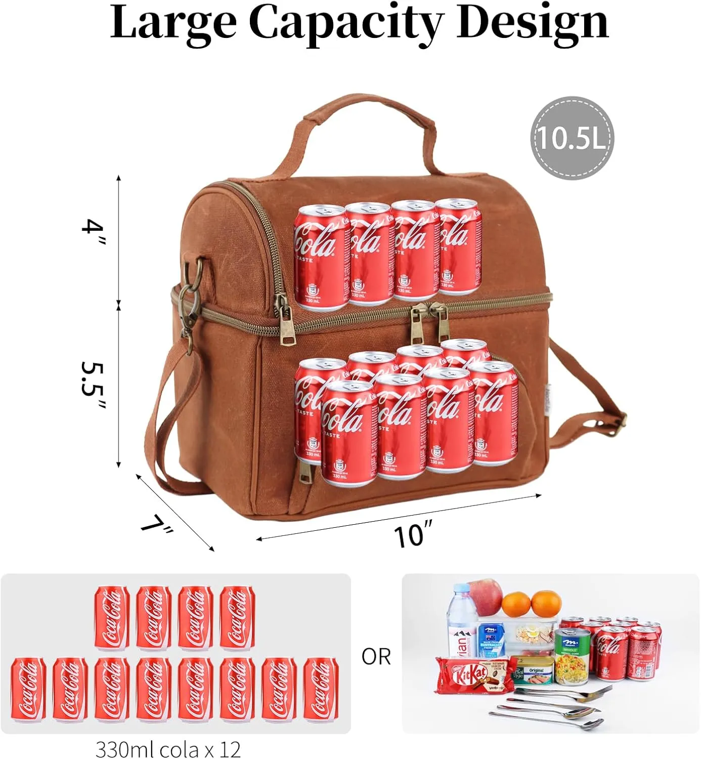 Lunch Box for men with 2 XL icepacks,Sturdy Waxed Canvas Insulated Lunch Bag for Adult, Dual Compartment Soft Cooler Bag For Work, Picnic, Travel, Outdoors (10.5L) 10"x7"x9.5" (Rustic brown)