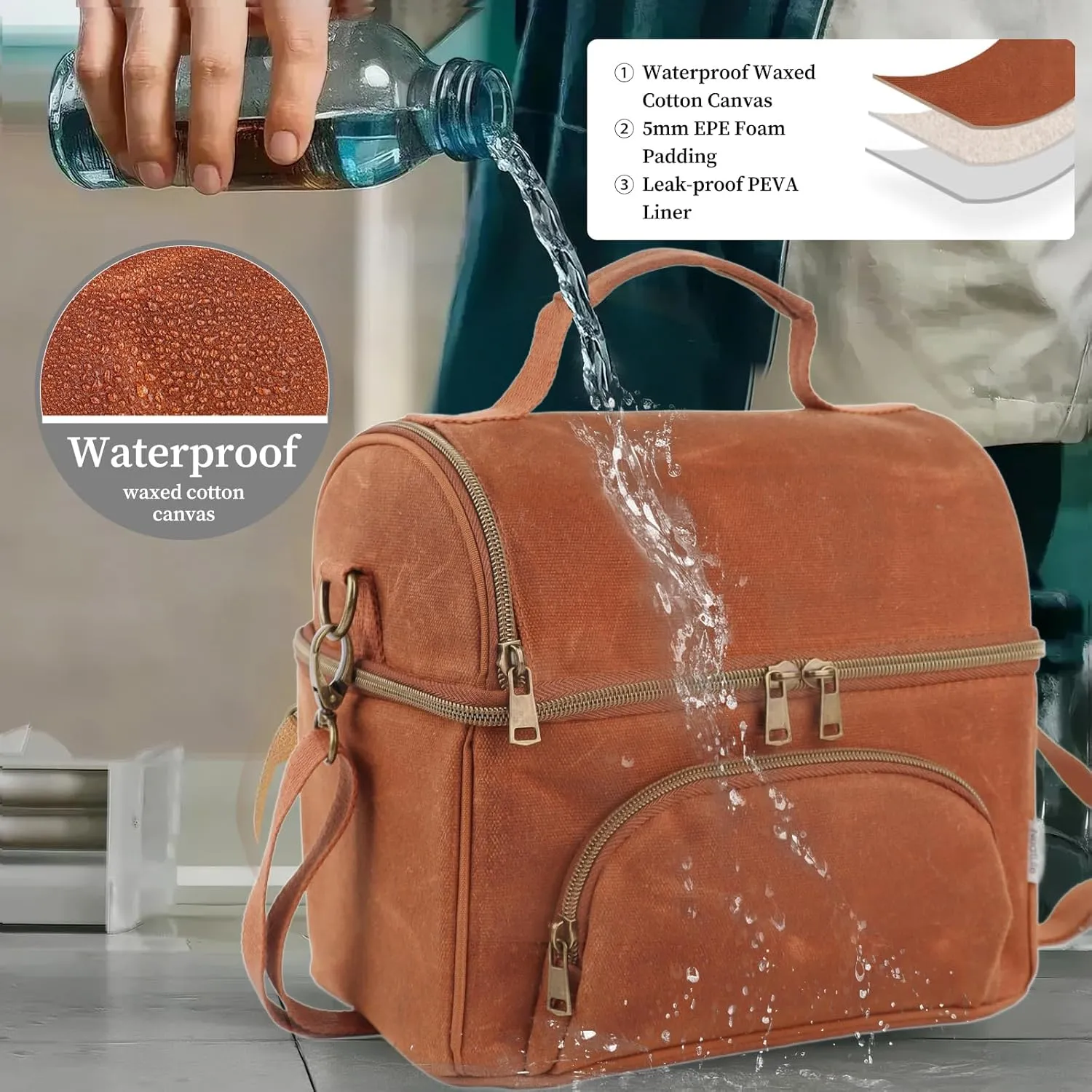 Lunch Box for men with 2 XL icepacks,Sturdy Waxed Canvas Insulated Lunch Bag for Adult, Dual Compartment Soft Cooler Bag For Work, Picnic, Travel, Outdoors (10.5L) 10"x7"x9.5" (Rustic brown)