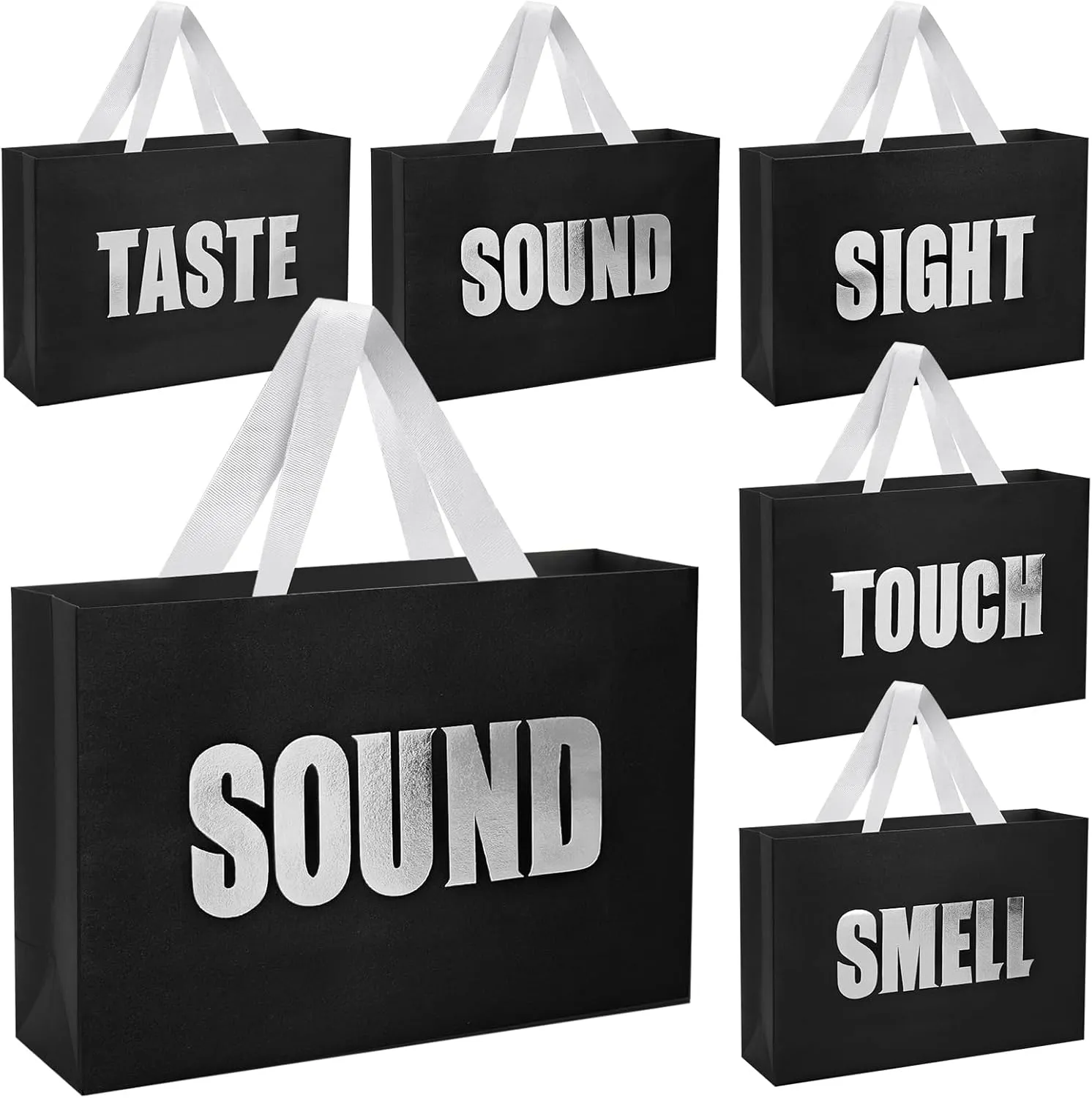 LUOKER 5 Senses Gift Bags for Him,12.6" Black Gift Bag with Silvery Word on Two-Sided,Five Senses Bags with Ribbon Handles,for Wedding Anniversary,Party,Birthday,Mother's Day