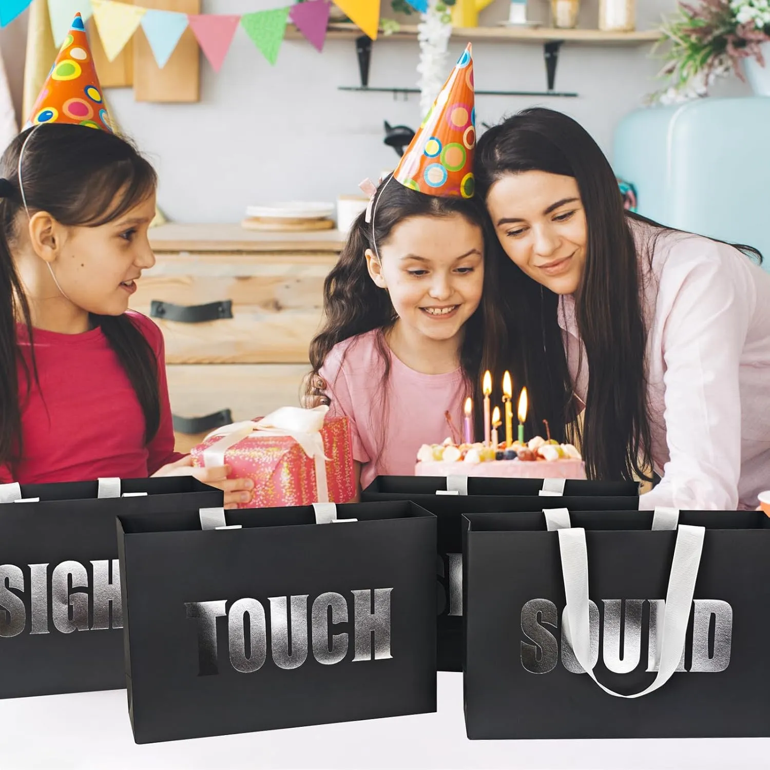 LUOKER 5 Senses Gift Bags for Him,12.6" Black Gift Bag with Silvery Word on Two-Sided,Five Senses Bags with Ribbon Handles,for Wedding Anniversary,Party,Birthday,Mother's Day
