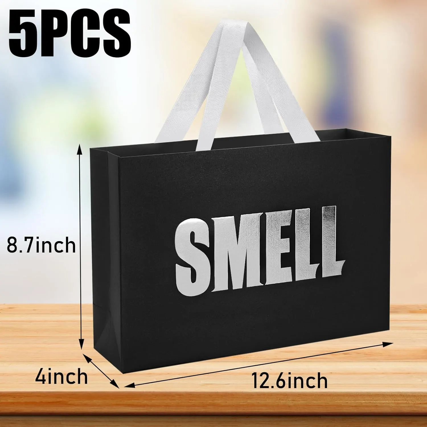 LUOKER 5 Senses Gift Bags for Him,12.6" Black Gift Bag with Silvery Word on Two-Sided,Five Senses Bags with Ribbon Handles,for Wedding Anniversary,Party,Birthday,Mother's Day