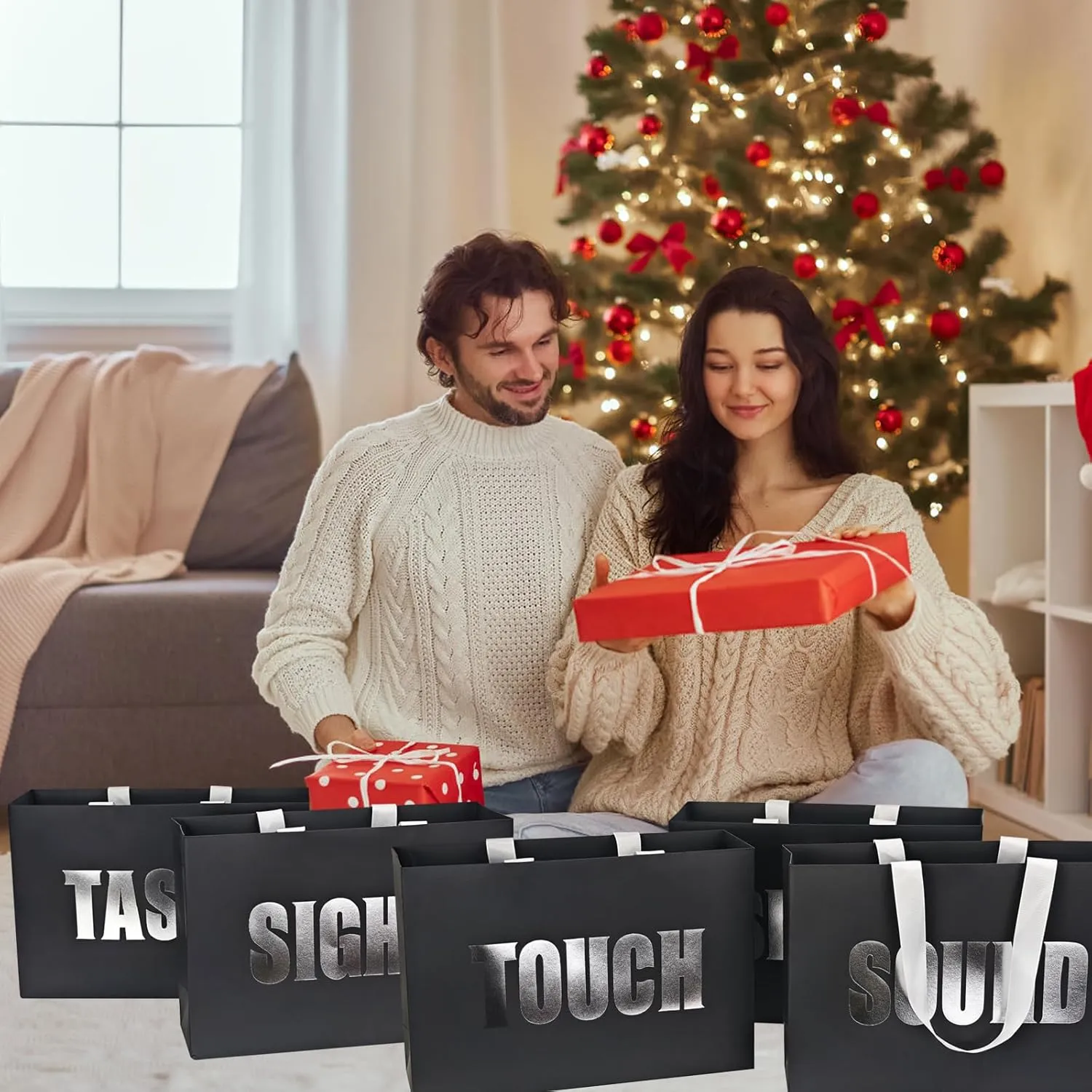 LUOKER 5 Senses Gift Bags for Him,12.6" Black Gift Bag with Silvery Word on Two-Sided,Five Senses Bags with Ribbon Handles,for Wedding Anniversary,Party,Birthday,Mother's Day