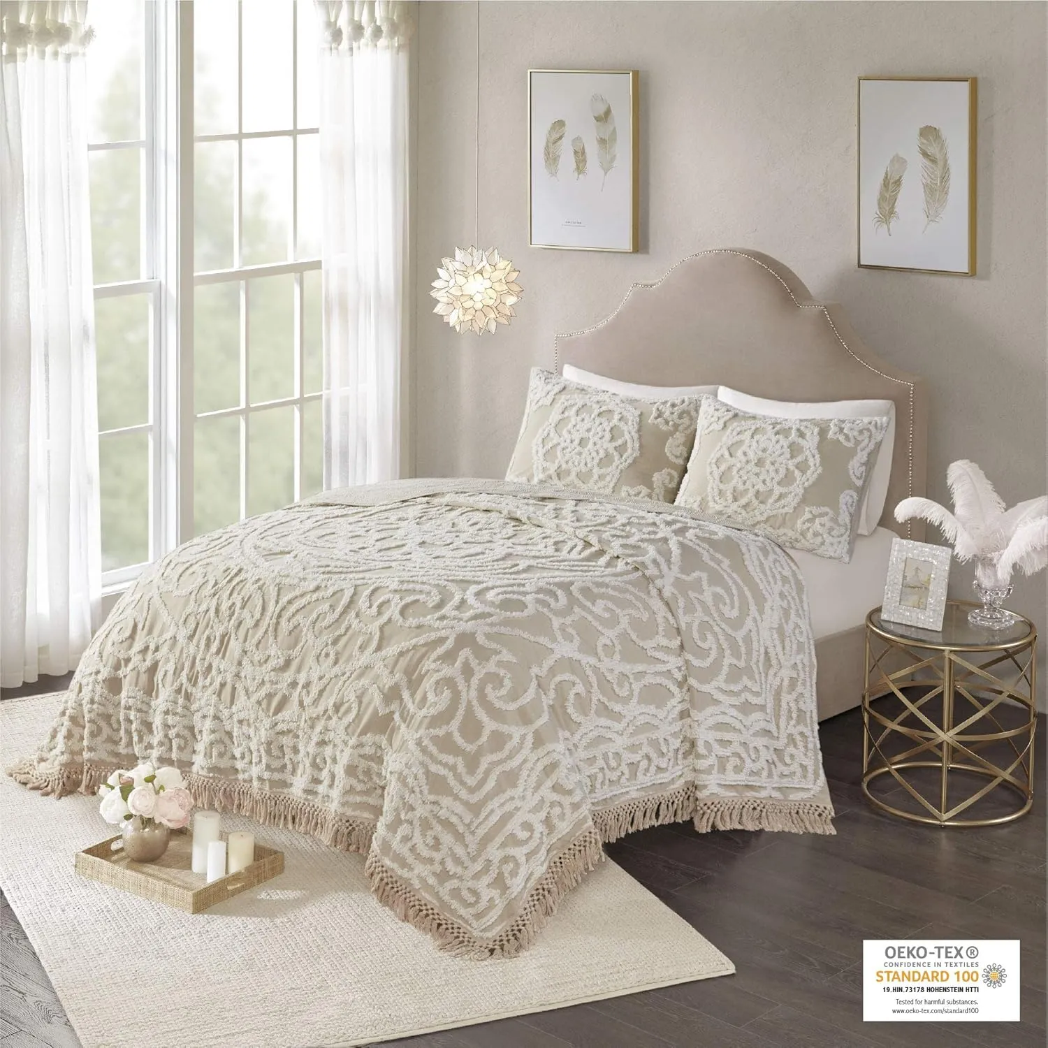 Madison Park Laetitia Lightweight 100% Cotton Quilt Set, Breathable Chenille Tufted, Shabby Chic Boho Medallion Design, Sham, Floral Taupe w/ Tassels, Full/Queen-2 Piece