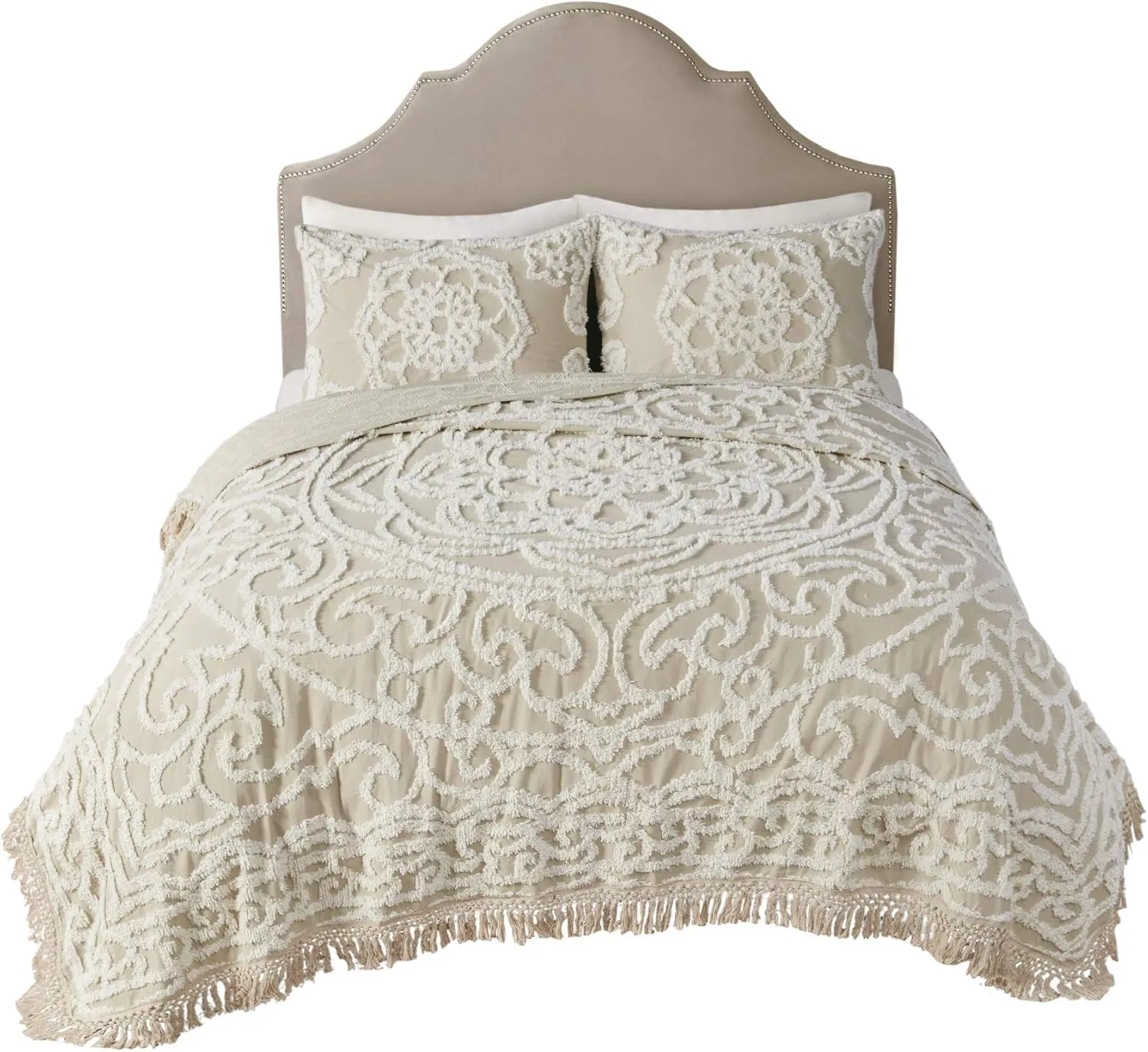Madison Park Laetitia Lightweight 100% Cotton Quilt Set, Breathable Chenille Tufted, Shabby Chic Boho Medallion Design, Sham, Floral Taupe w/ Tassels, Full/Queen-2 Piece