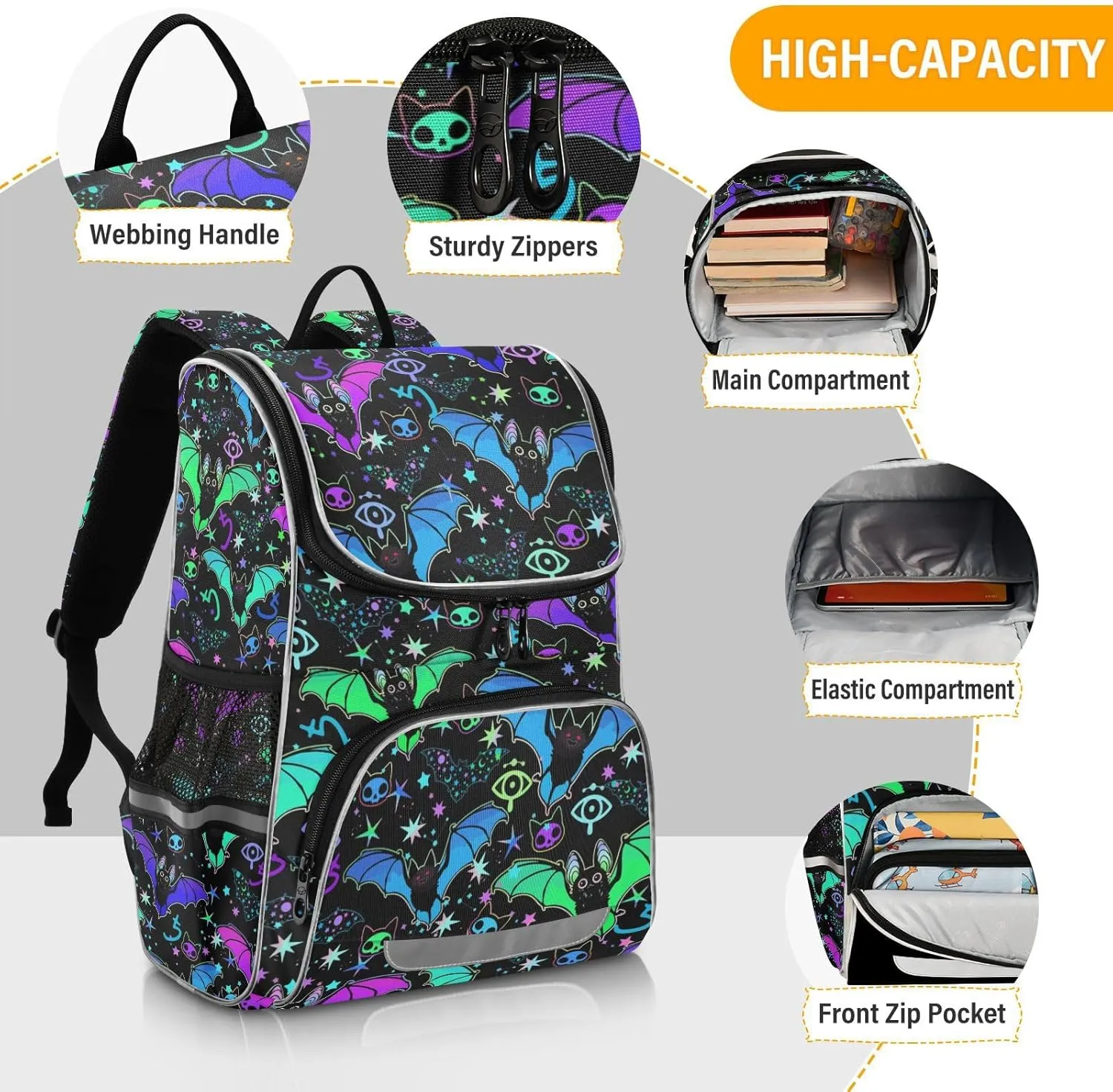 Magic Bat Backpack for Kids Boys Girls 16 Inch Backpack with Reflective Strip Elementary School Bag Removable Chest Strap