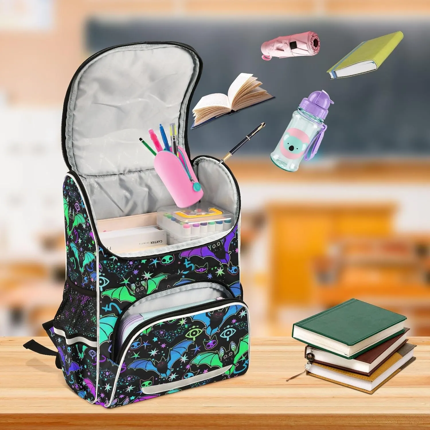 Magic Bat Backpack for Kids Boys Girls 16 Inch Backpack with Reflective Strip Elementary School Bag Removable Chest Strap