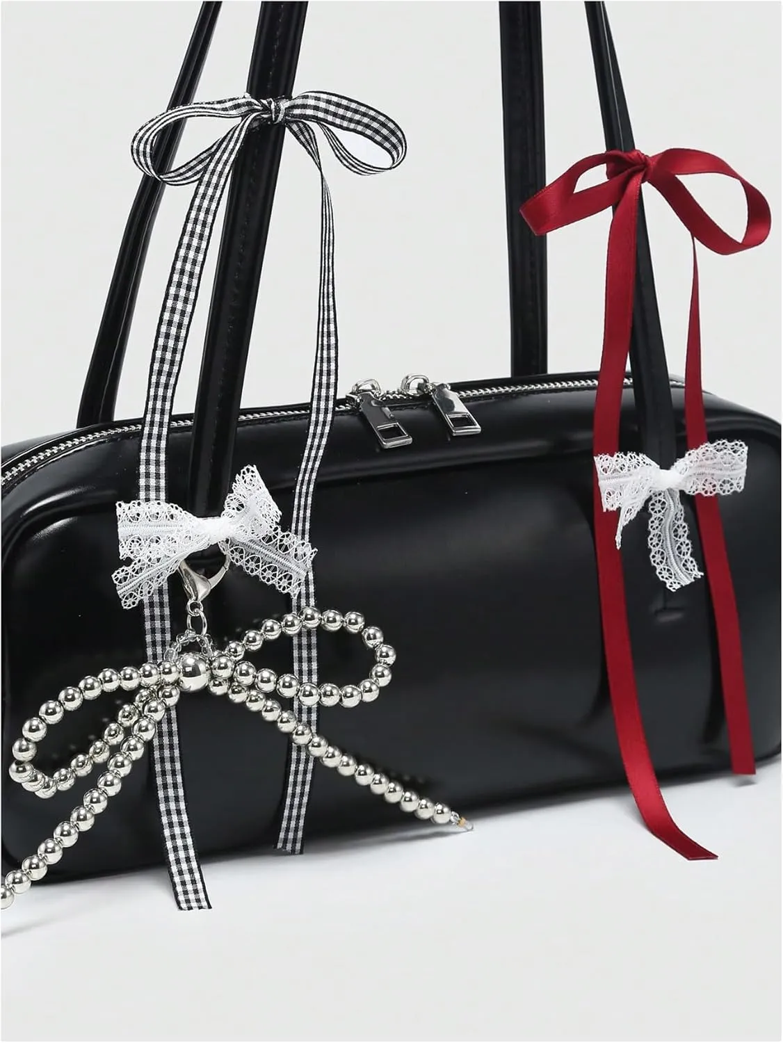 MakeMeChic Women's Y2K Bow Knot Shoulder Bag Double Handle Zipper Handbag Kawaii Underarm Purse Retro Bag