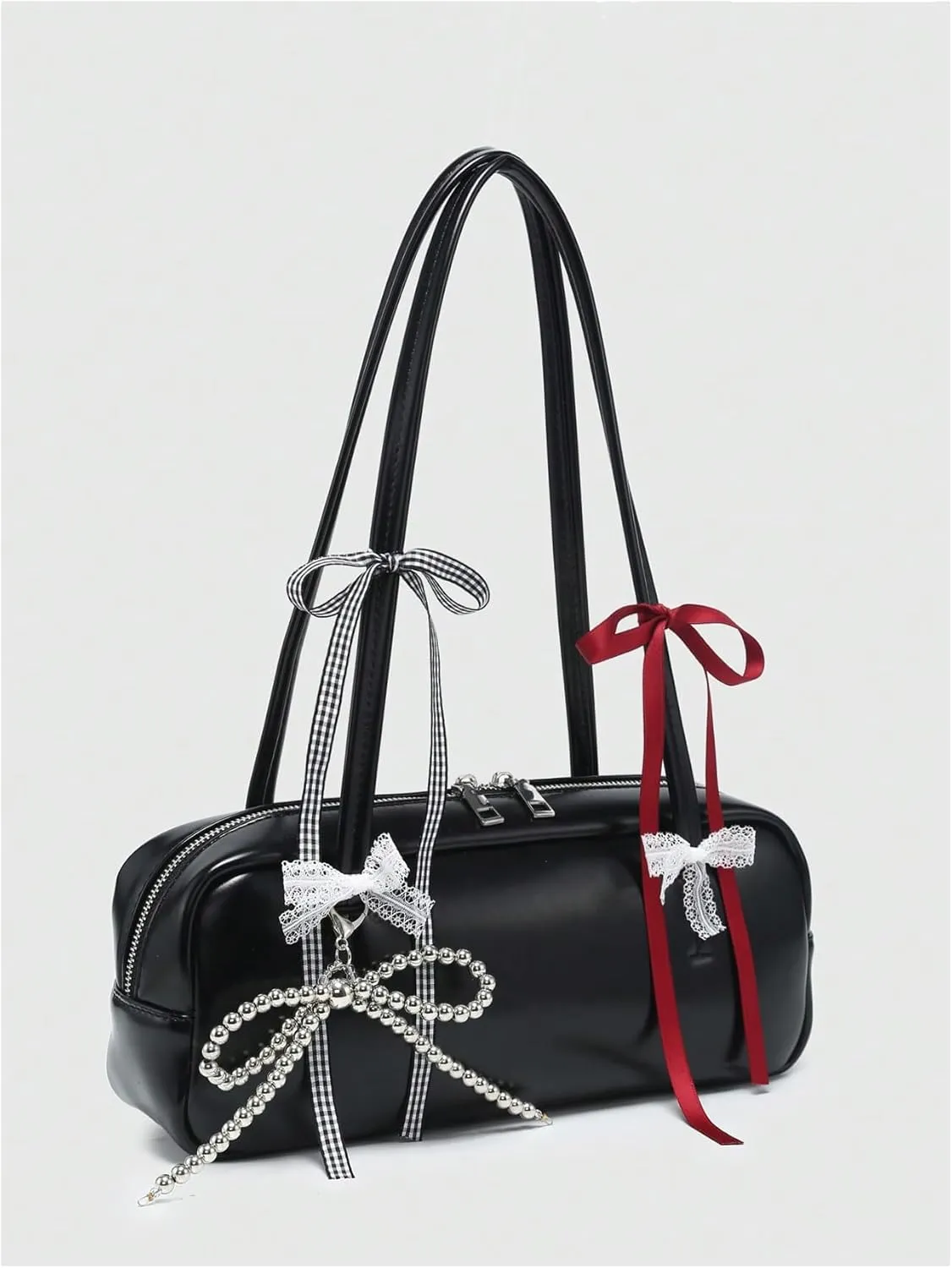 MakeMeChic Women's Y2K Bow Knot Shoulder Bag Double Handle Zipper Handbag Kawaii Underarm Purse Retro Bag