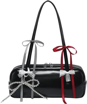 MakeMeChic Women's Y2K Bow Knot Shoulder Bag Double Handle Zipper Handbag Kawaii Underarm Purse Retro Bag