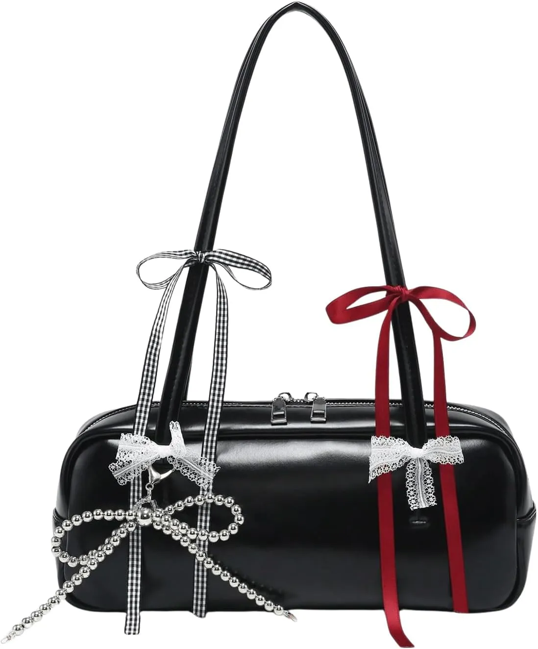MakeMeChic Women's Y2K Bow Knot Shoulder Bag Double Handle Zipper Handbag Kawaii Underarm Purse Retro Bag