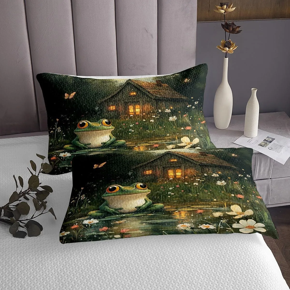 Manfei Lodge Frog Queen Size Rustic Cabin Jungle Wild Animal Starry Quilted 3 Pieces Coverlet Set with 2 Pillowcases Nature Daisy Flowers Lake Lotus Leaves Bedding Quilt for Room Decor