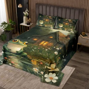 Manfei Lodge Frog Queen Size Rustic Cabin Jungle Wild Animal Starry Quilted 3 Pieces Coverlet Set with 2 Pillowcases Nature Daisy Flowers Lake Lotus Leaves Bedding Quilt for Room Decor