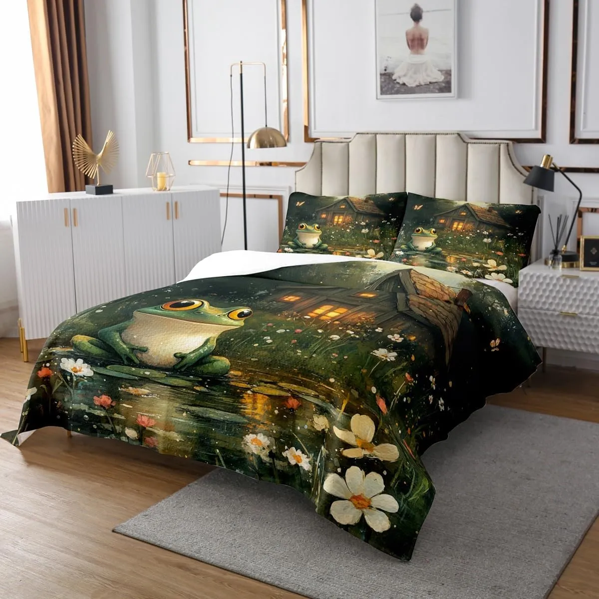 Manfei Lodge Frog Queen Size Rustic Cabin Jungle Wild Animal Starry Quilted 3 Pieces Coverlet Set with 2 Pillowcases Nature Daisy Flowers Lake Lotus Leaves Bedding Quilt for Room Decor