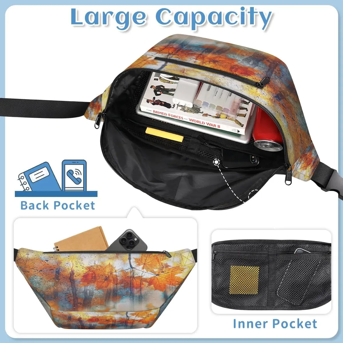 Maple Leaf Crossbody Sling Bag for Women Men Crossbody Backpack with 4 Zipper Pockets Fanny Pack Shoulder Casual Daypack for Travel Running Hiking Cycling