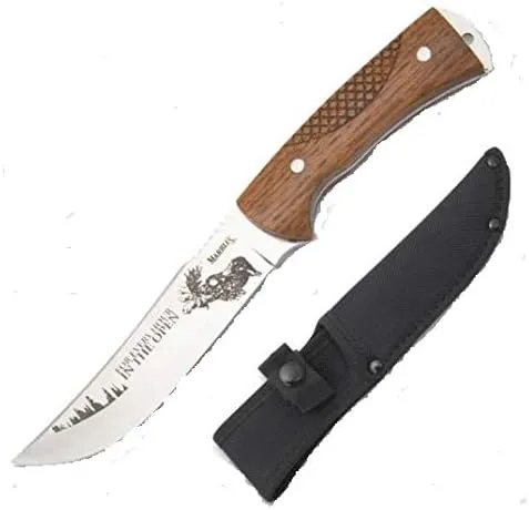 Marbles MR561 / HK8951-105 Checkered Wood Hunting Fixed Blade Knife   Sheath
