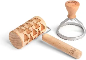MARCATO Made in Italy Holiday Cookie Gift Set with Christmas Trees pattern rolling pin and round shape stamp. Green set