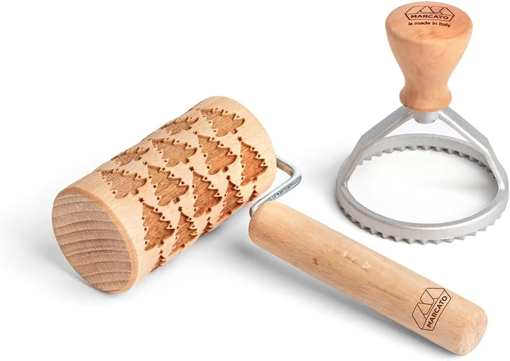 MARCATO Made in Italy Holiday Cookie Gift Set with Christmas Trees pattern rolling pin and round shape stamp. Green set