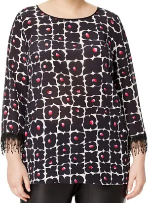 Marina Rinaldi Women's Bea Floral Fringe Sleeve Blouse, Black