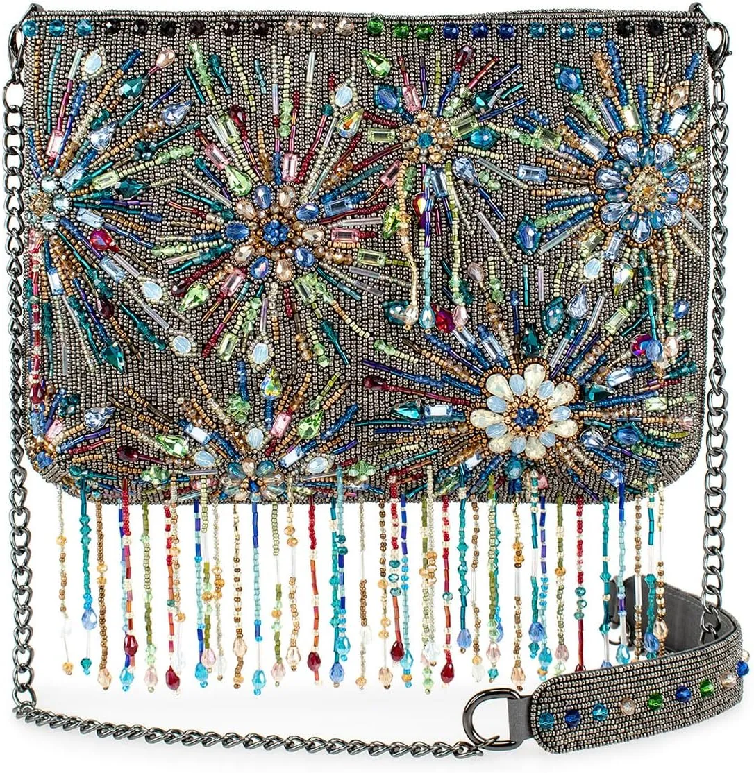 Mary Frances Dazzler Beaded Handbag Fireworks-Inspired Rhinestone Fringe Crossbody Bag, Multicolor