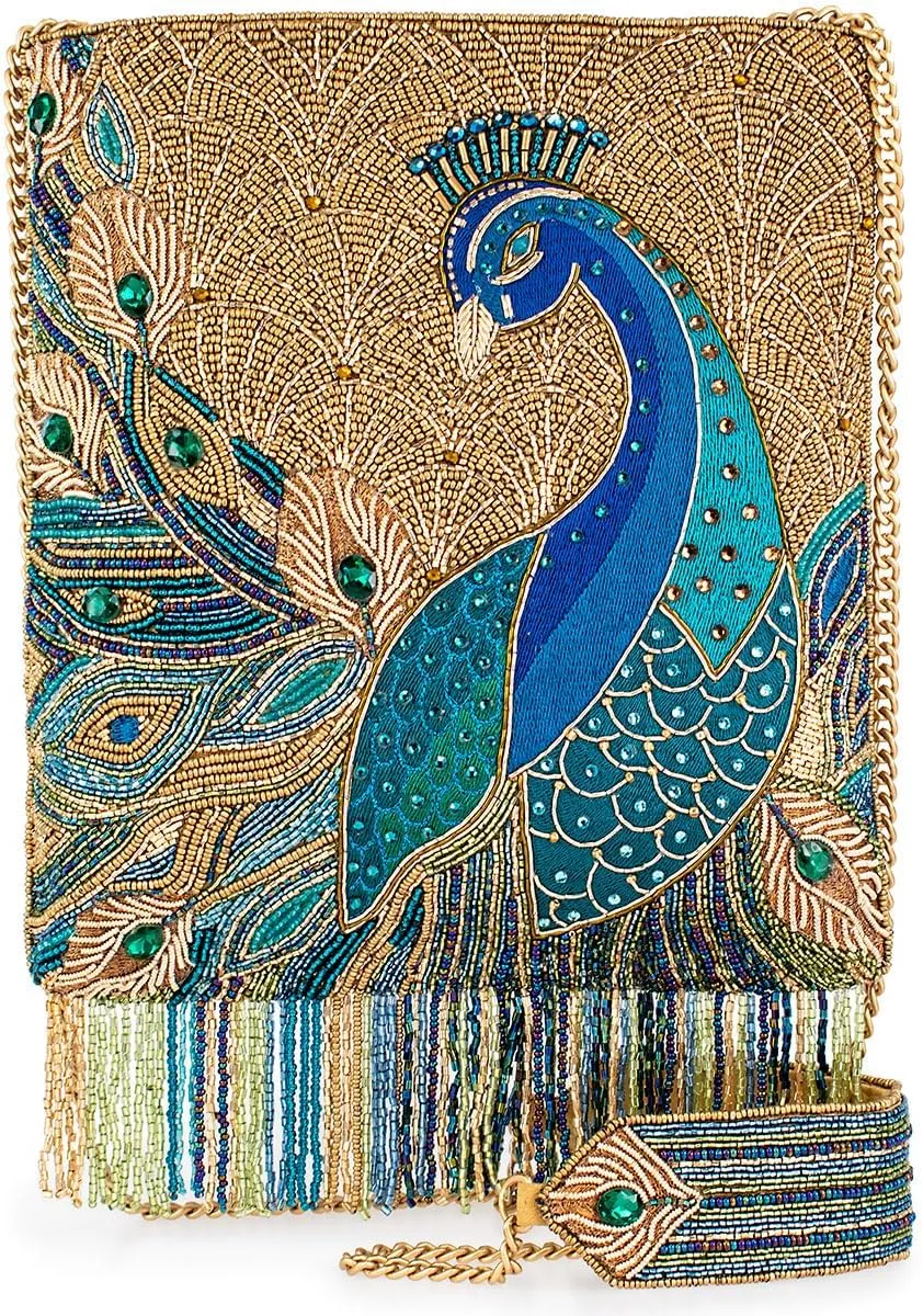 Mary Frances Peacock Feathers Beaded Crossbody Handbag Embroidered Bird Evening Clutch Purse with Fringe and Removable Strap, Multi