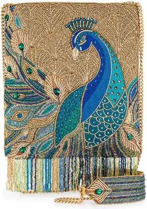 Mary Frances Peacock Feathers Beaded Crossbody Handbag Embroidered Bird Evening Clutch Purse with Fringe and Removable Strap, Multi