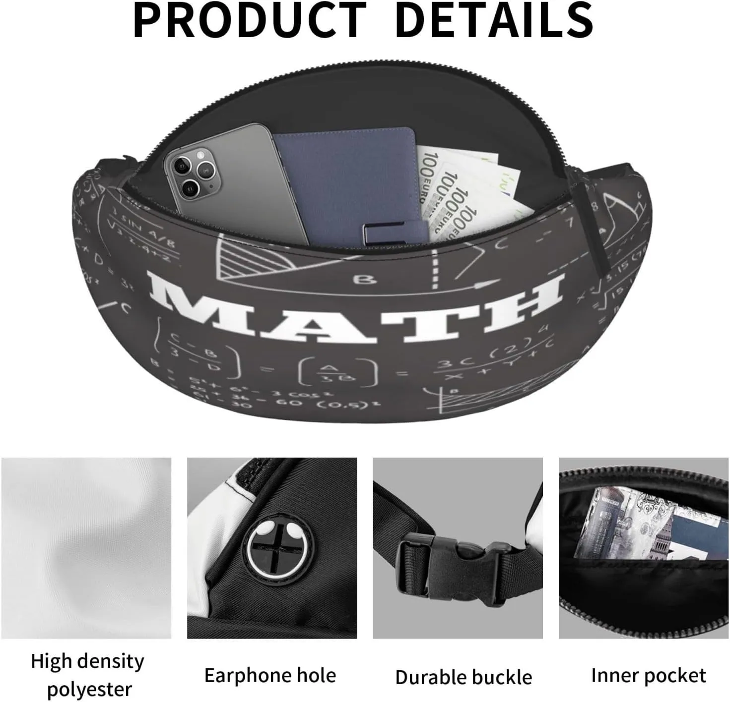 Math Chalkboard Teach Fanny Pack, Crossbody Waist Packs for Women Men Waist Bags with Adjustable Strap for Travel Running Hiking Sport