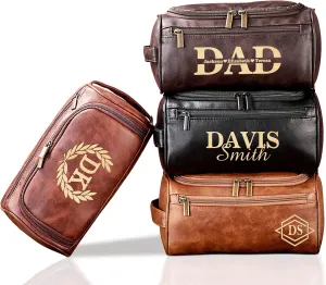 MATONGO Personalized Fathers Day Birthday Gifts for Dad, Leather Toiletry Bag for Men with Engraved Name Initials, Custom Shaving Travel Bag, Dopp Kit for Husband Papa Grandpa, Christmas Wedding Gift