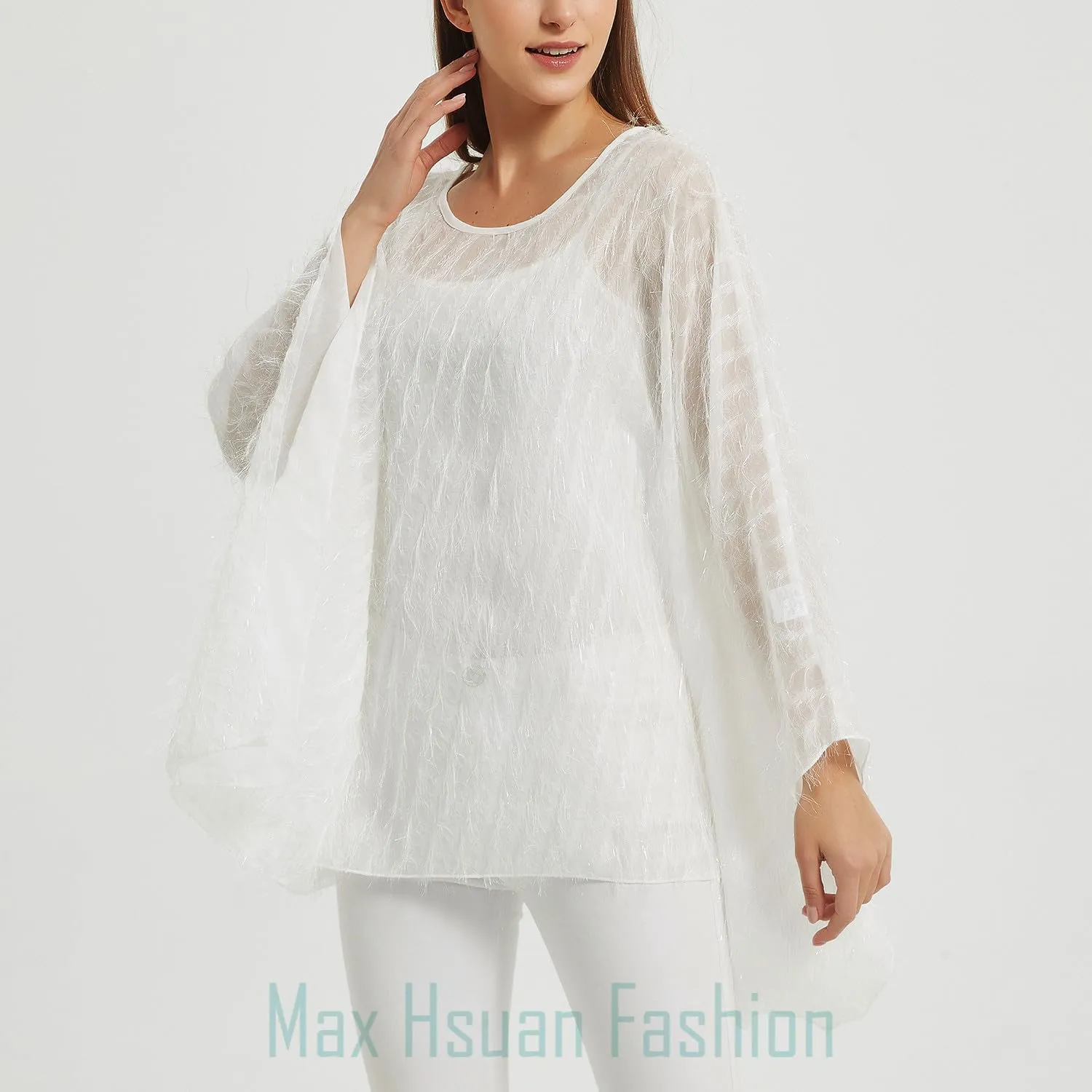 Max Hsuan Women’s Solid Sequin Fringe Tassel Tunic Blouse Caftan Plus Size Loose Long Pullover Sweater Tunics