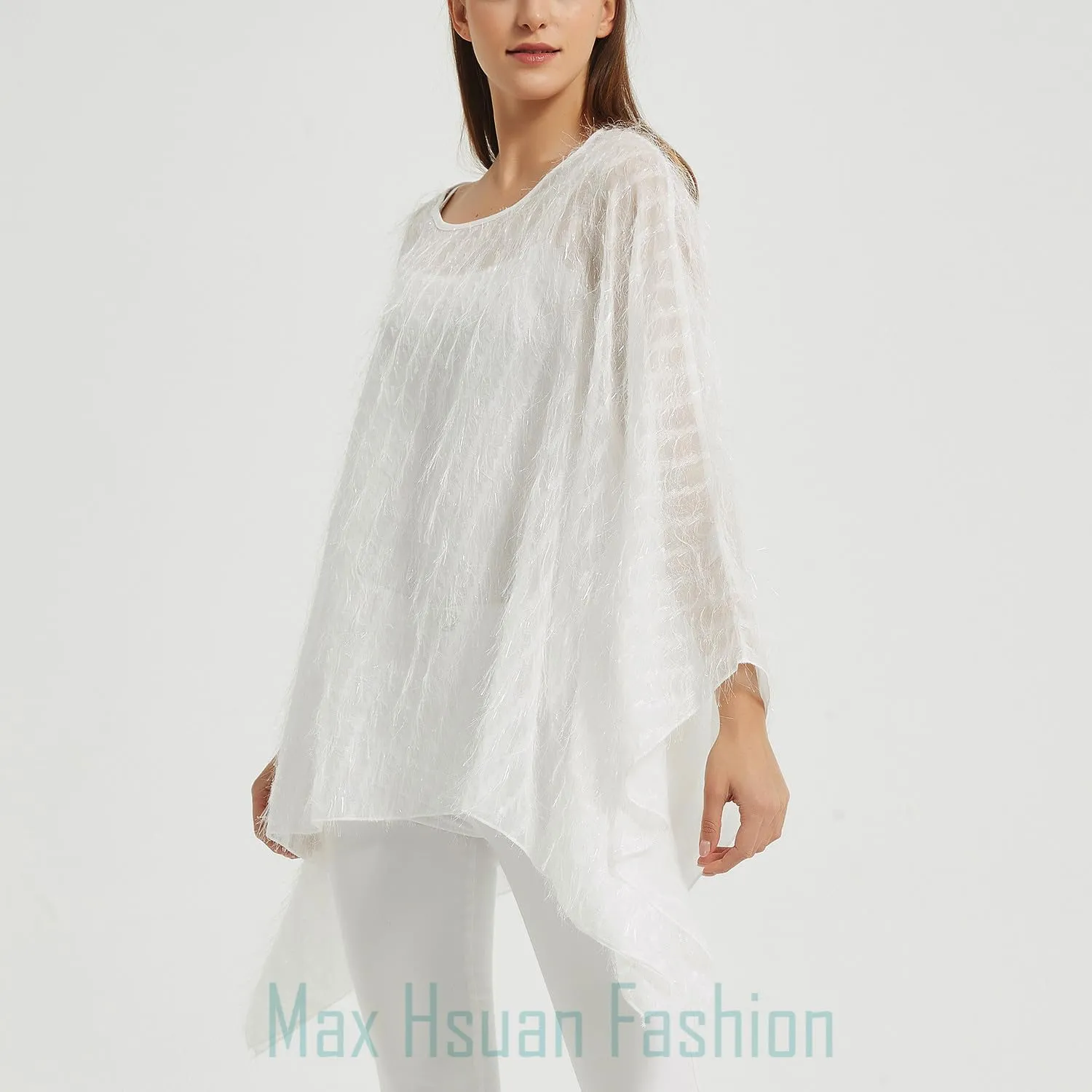 Max Hsuan Women’s Solid Sequin Fringe Tassel Tunic Blouse Caftan Plus Size Loose Long Pullover Sweater Tunics