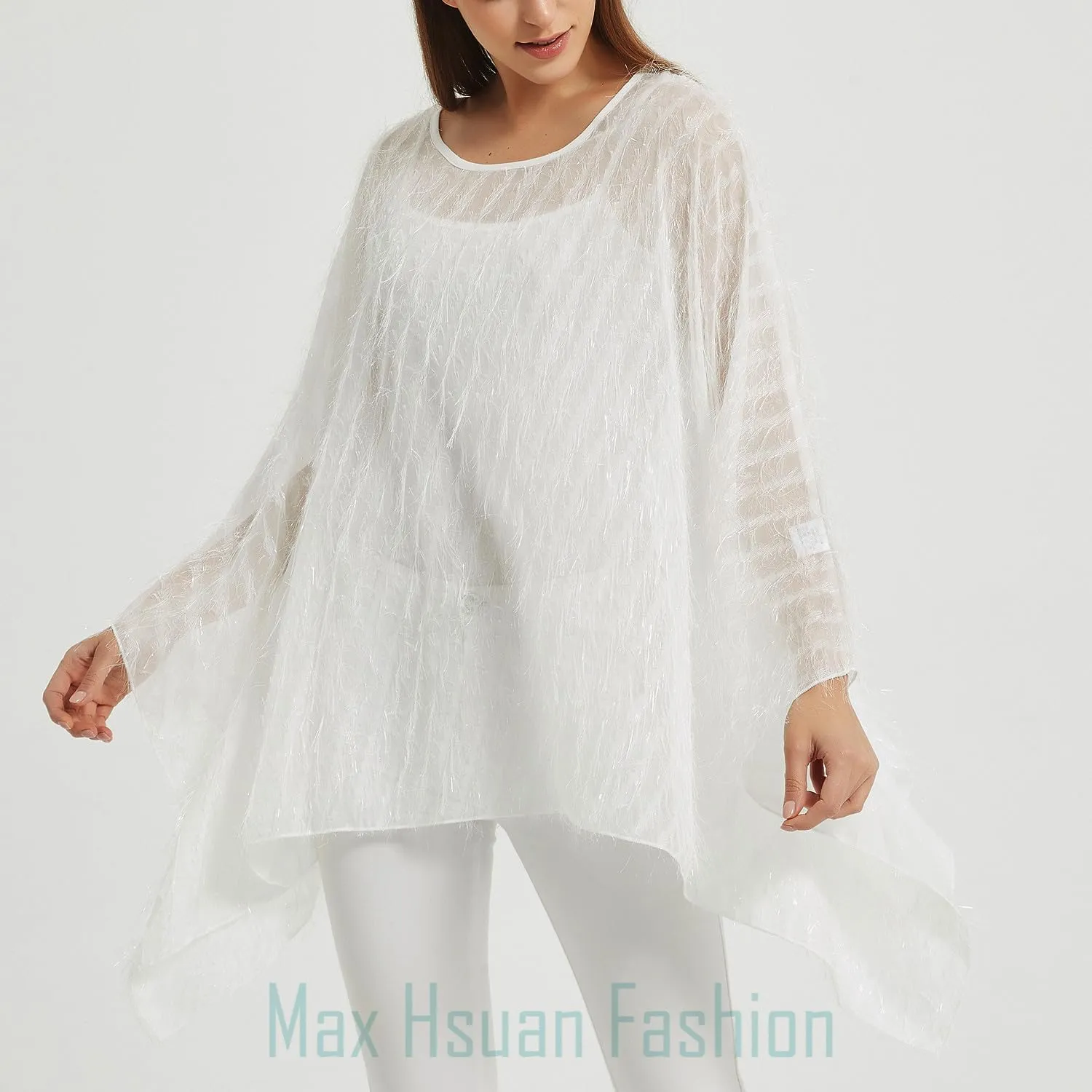 Max Hsuan Women’s Solid Sequin Fringe Tassel Tunic Blouse Caftan Plus Size Loose Long Pullover Sweater Tunics