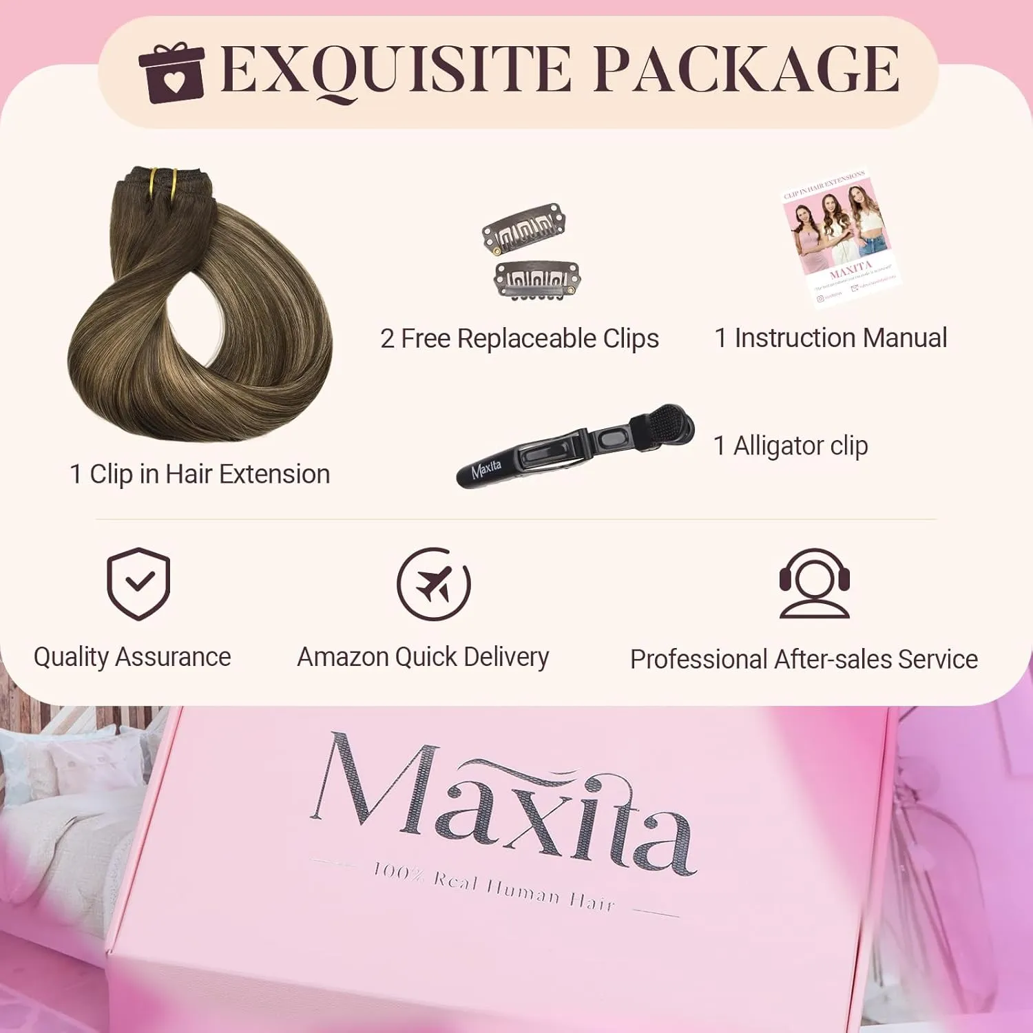 MAXITA Clip in Hair Extensions Real Human Hair, 120g 7pcs 18 Inch, Balayage Chocolate Brown to Caramel Blonde Hair Extensions Clip in Human Hair Straight Natural Hair for Woman