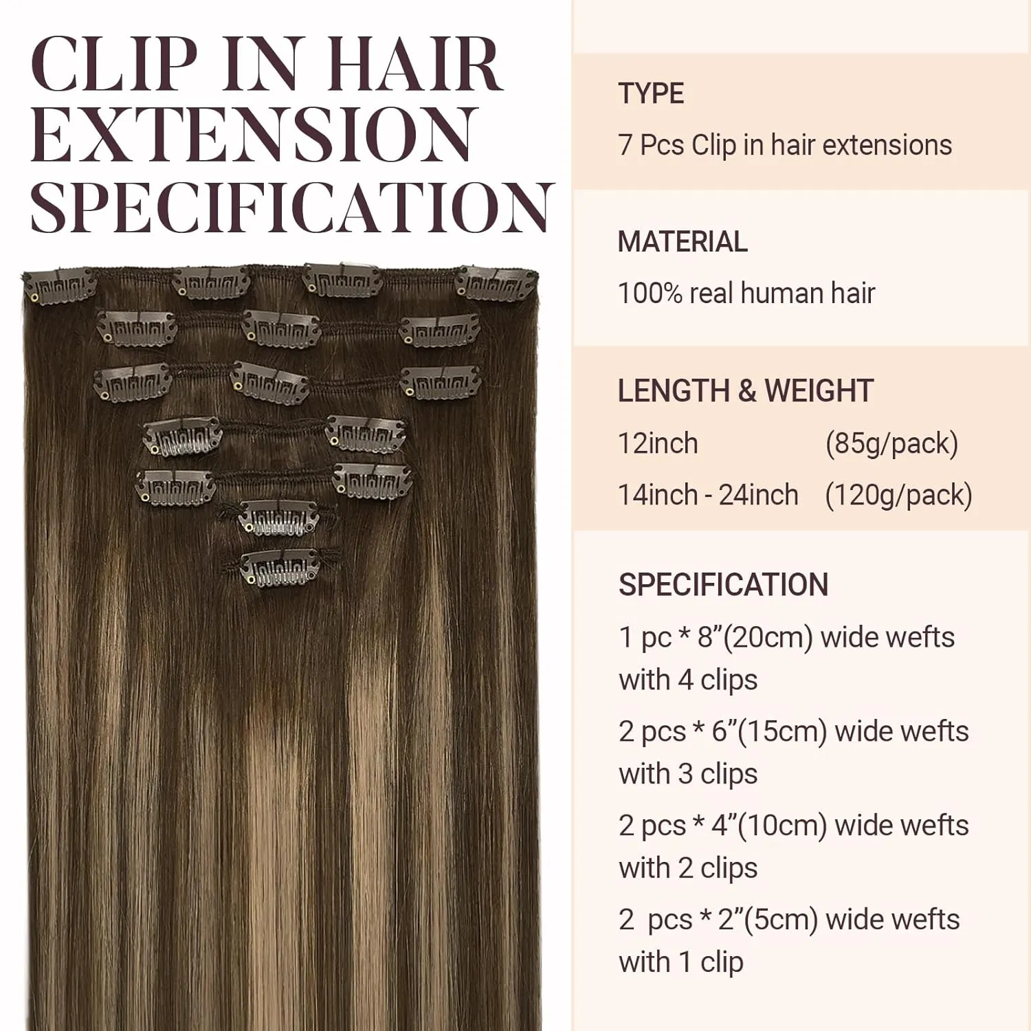 MAXITA Clip in Hair Extensions Real Human Hair, 120g 7pcs 18 Inch, Balayage Chocolate Brown to Caramel Blonde Hair Extensions Clip in Human Hair Straight Natural Hair for Woman