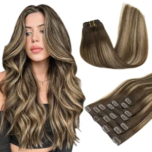 MAXITA Clip in Hair Extensions Real Human Hair, 120g 7pcs 18 Inch, Balayage Chocolate Brown to Caramel Blonde Hair Extensions Clip in Human Hair Straight Natural Hair for Woman