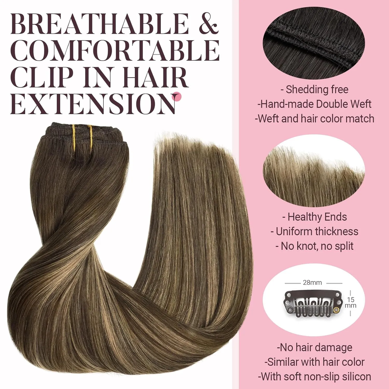 MAXITA Clip in Hair Extensions Real Human Hair, 120g 7pcs 18 Inch, Balayage Chocolate Brown to Caramel Blonde Hair Extensions Clip in Human Hair Straight Natural Hair for Woman