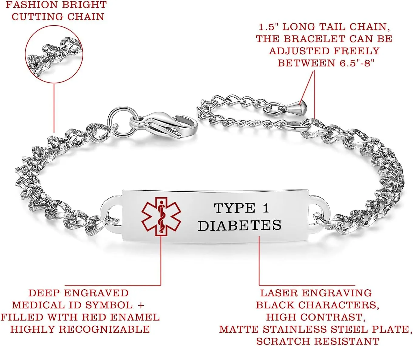 Medical Alert Bracelets for Women Adjustable Personalized Free Engrave Medical ID Bracelets 6.5-8 Inch