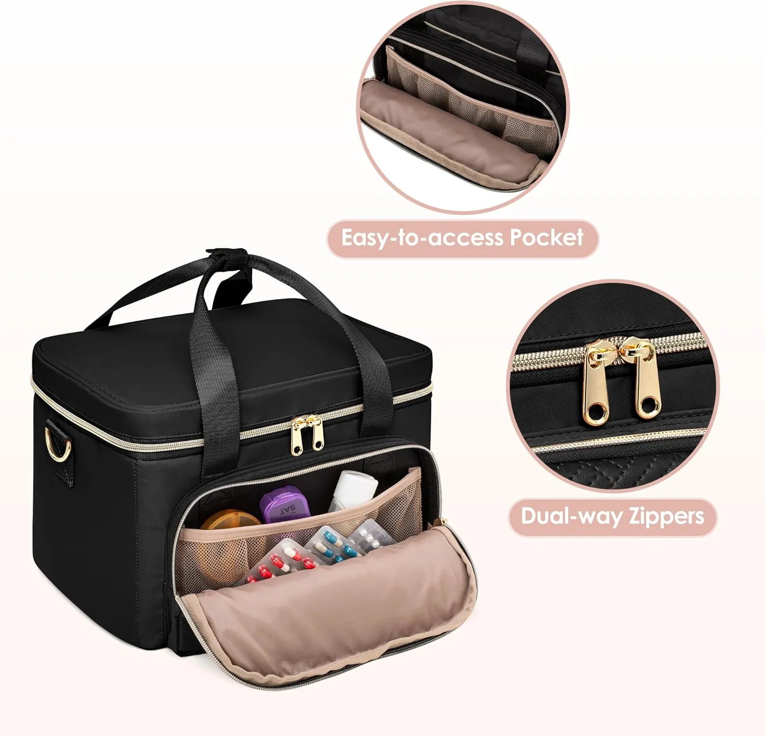 Medicine Storage Bag with 2 Medical Bags, Pill Bottle Organizer Bag Empty First Aid Bag for Travel, Home Healthcare, Black(Empty Bag Only)