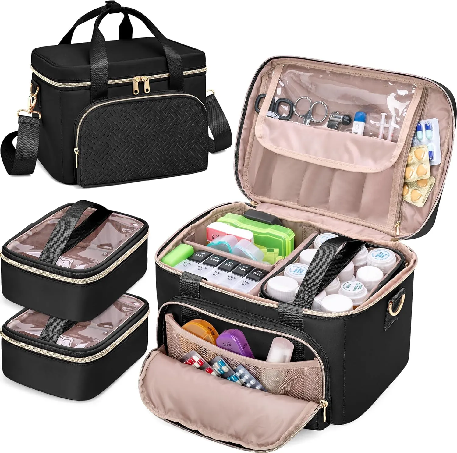 Medicine Storage Bag with 2 Medical Bags, Pill Bottle Organizer Bag Empty First Aid Bag for Travel, Home Healthcare, Black(Empty Bag Only)