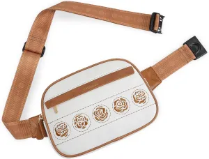 MEITRUE Belt Bag for Women Leather Fanny Pack Fashionable Small Crossbody Bags for Women Rose Embroidery Waist Bags with Adjustable Strap