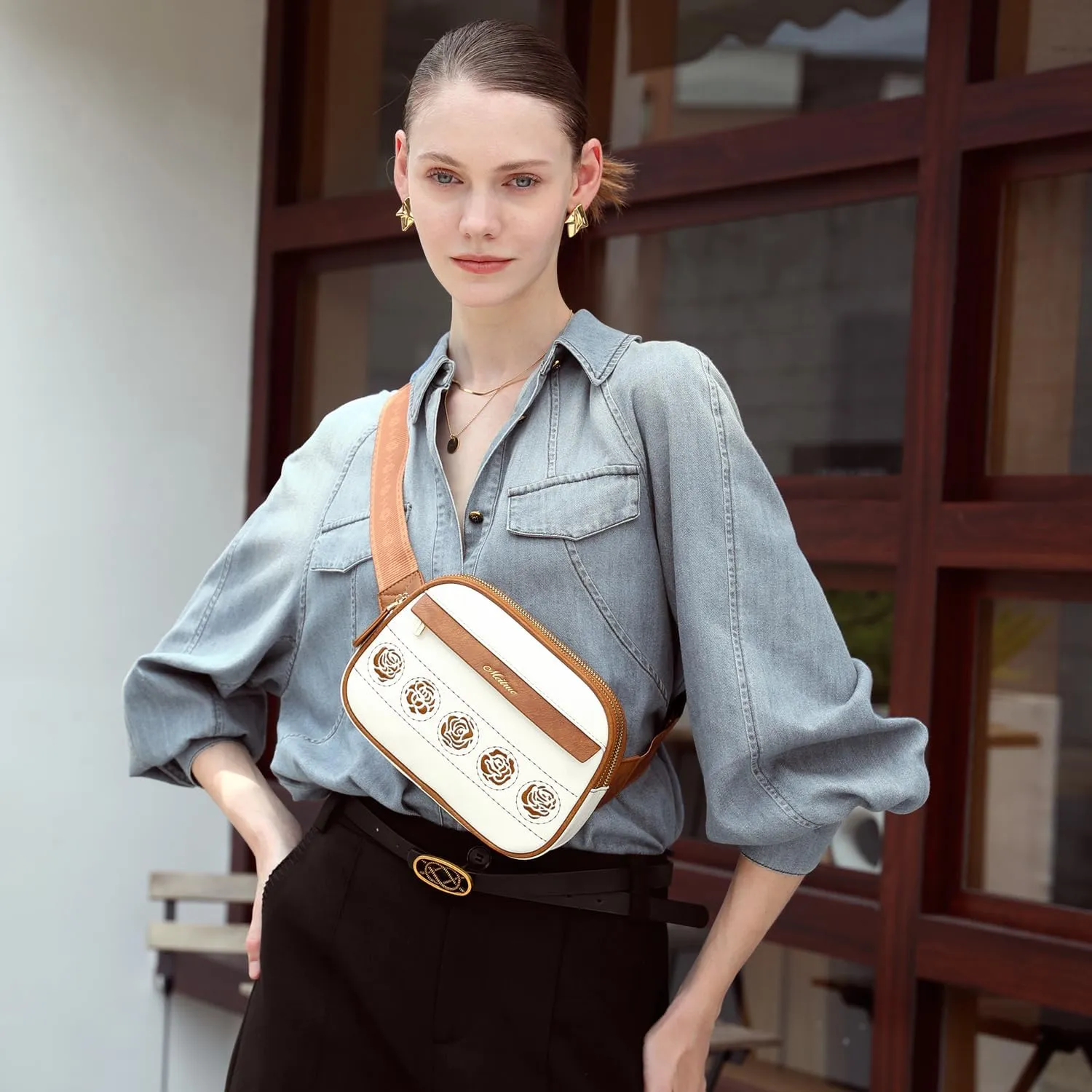 MEITRUE Belt Bag for Women Leather Fanny Pack Fashionable Small Crossbody Bags for Women Rose Embroidery Waist Bags with Adjustable Strap