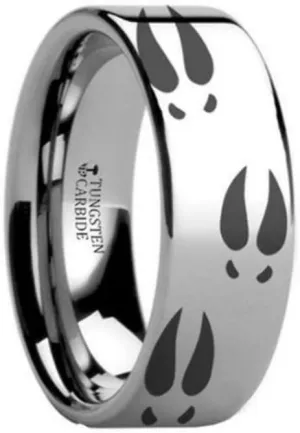 Mens PINELANDS Deer Print Animal Track Engraved Flat Tungsten Wedding Band - 4mm - 12mm Wide